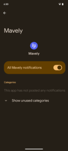 Step 3 (Android): Toggle All Mavely Notifications to ON for deals, updates, and commission boosts.